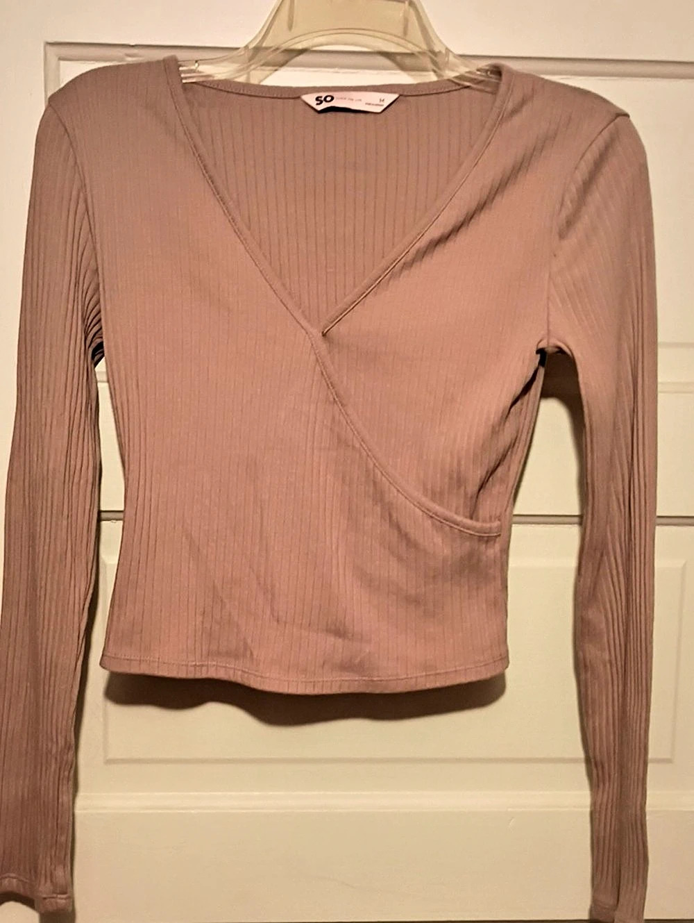 SO Ribbed Faux-Wrap Long Sleeve Top - Size M - Taupe